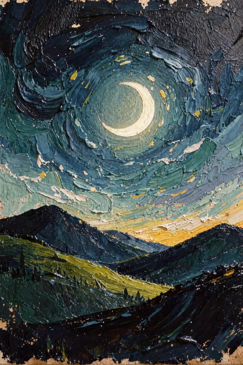 Oil painting featuring a swirling blue night sky with crescent moon above dark mountains, green valley, and pine trees in thick impasto style.