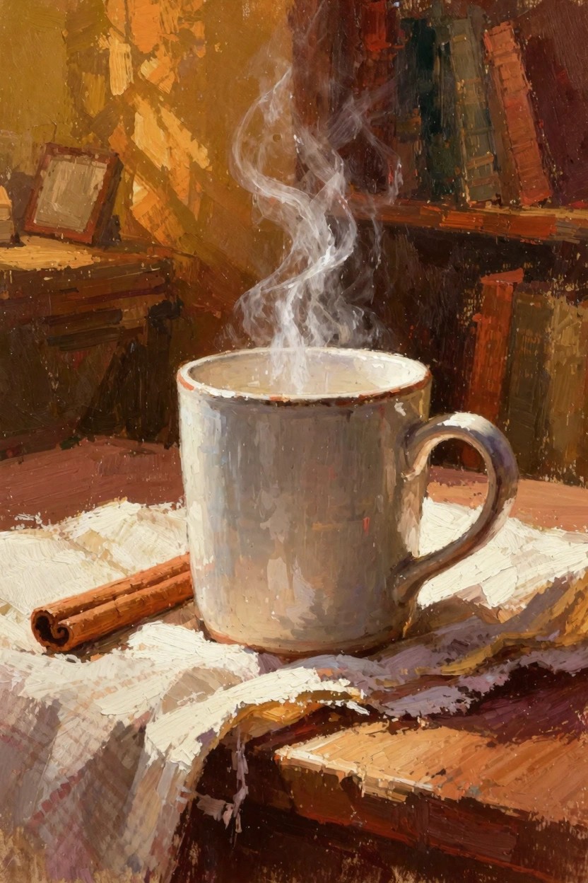 Oil painting of a white mug steaming with hot liquid, cinnamon stick on white cloth over wood table, warm lighting and bookshelves in background.