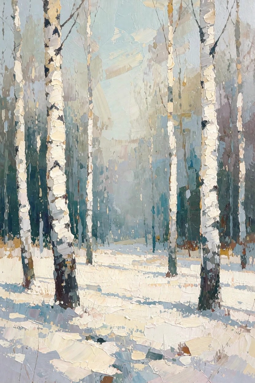 Oil painting of white birch trees with black markings standing in a snowy forest clearing under soft diffused light.
