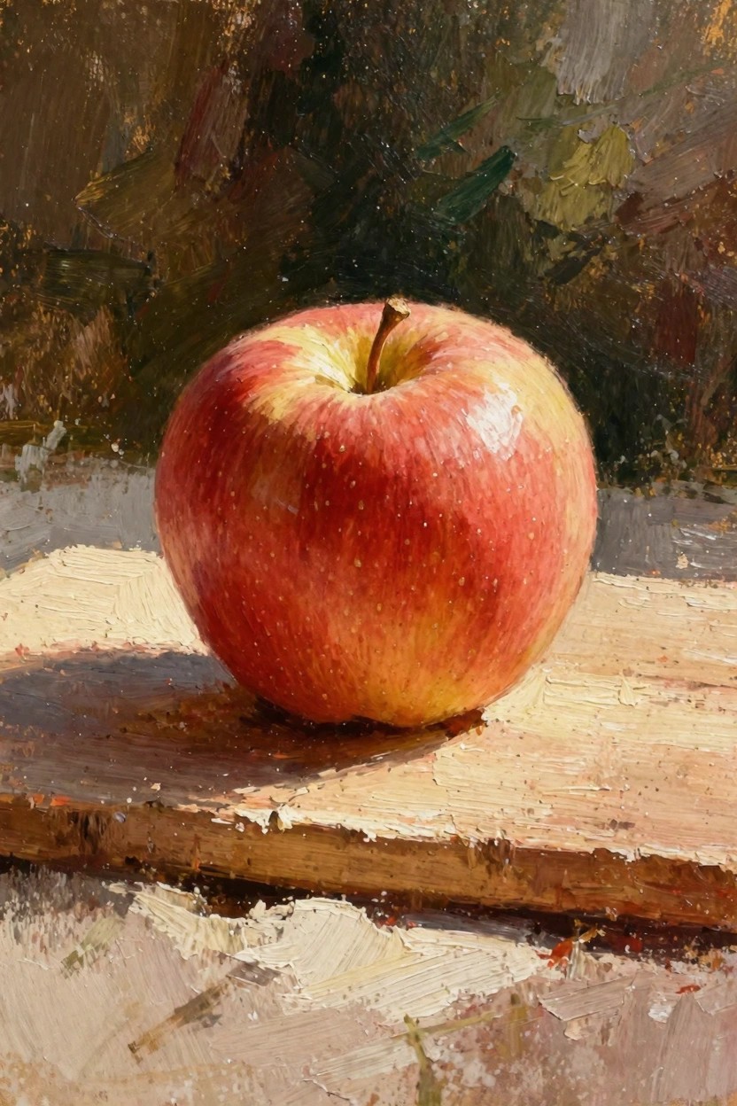 Oil painting of a red apple on a wooden board with warm side lighting casting shadows.