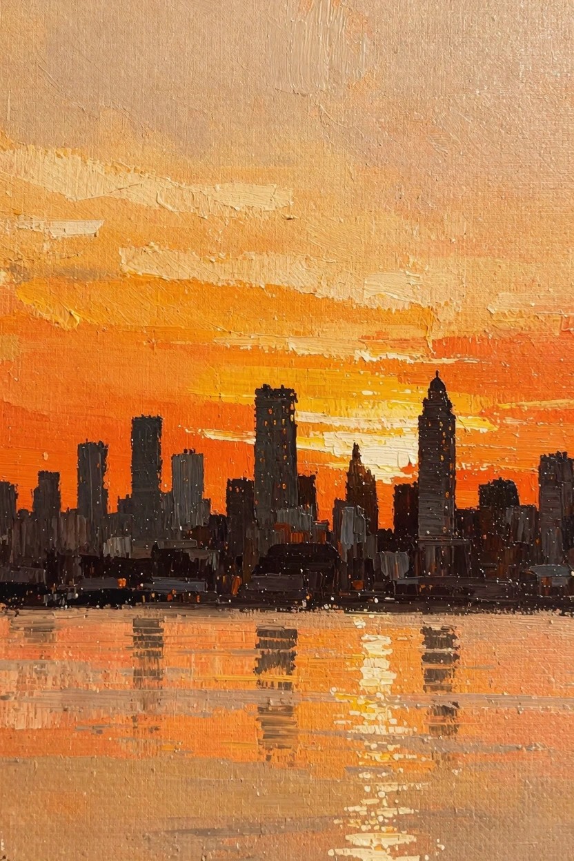 Oil painting of dark silhouetted skyscrapers against an orange sunset sky, reflected in rippled water below.