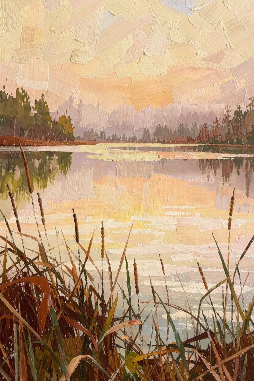 Oil painting of a sunset over a calm lake with foreground reeds, reflective water, misty pine trees, and warm orange-yellow sky.