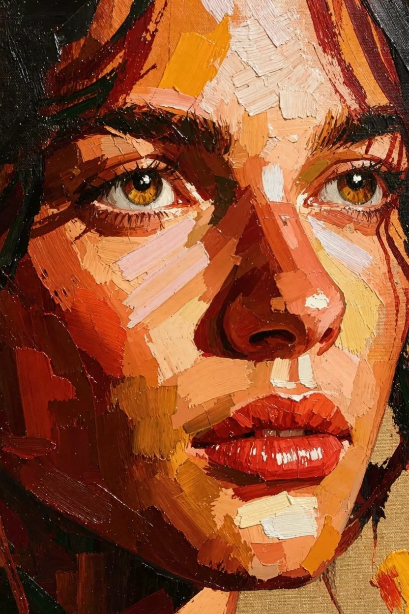 Close-up oil portrait of a woman's face using thick textured strokes in warm orange, red, and yellow tones.