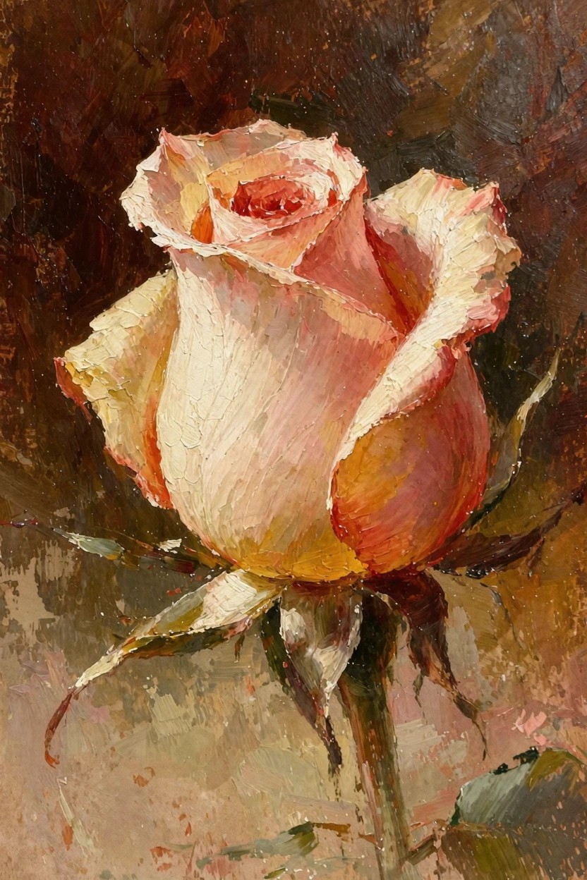Oil painting of a close-up pink rose with textured ruffled petals, subtle yellow center, and green stem against a dark background.