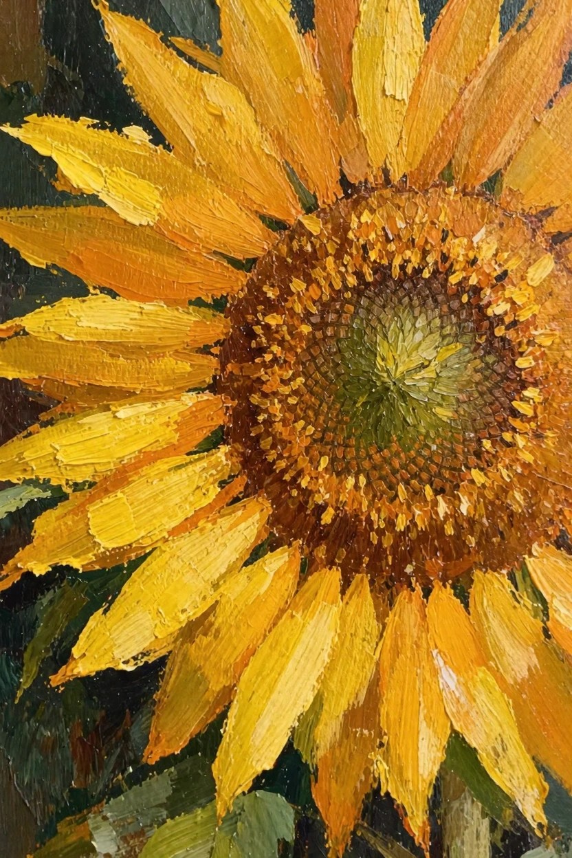 Oil painting close-up of a sunflower with thick yellow-orange petals, brown seed center, and dark green background.