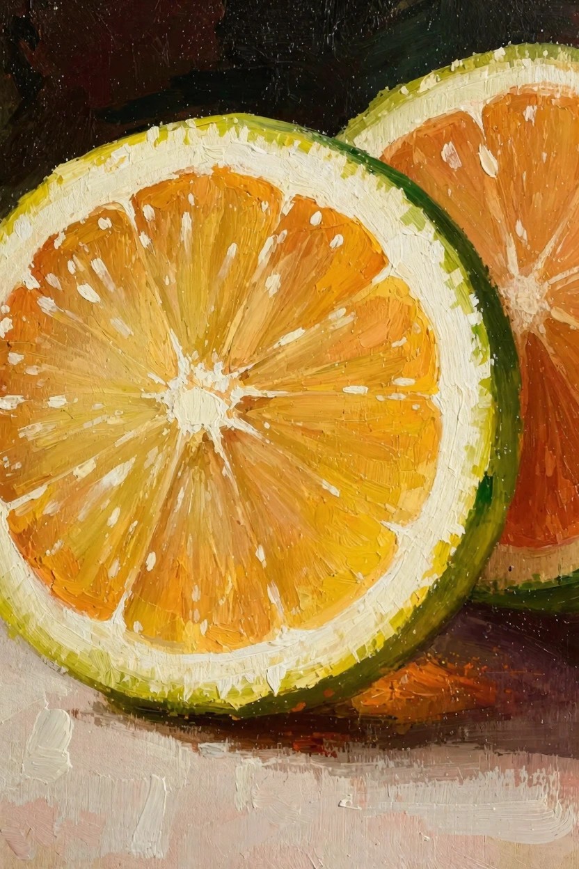 Oil painting of two overlapping halved oranges with bright pulp, white pith, and green rinds on a pale pink surface against a dark background.