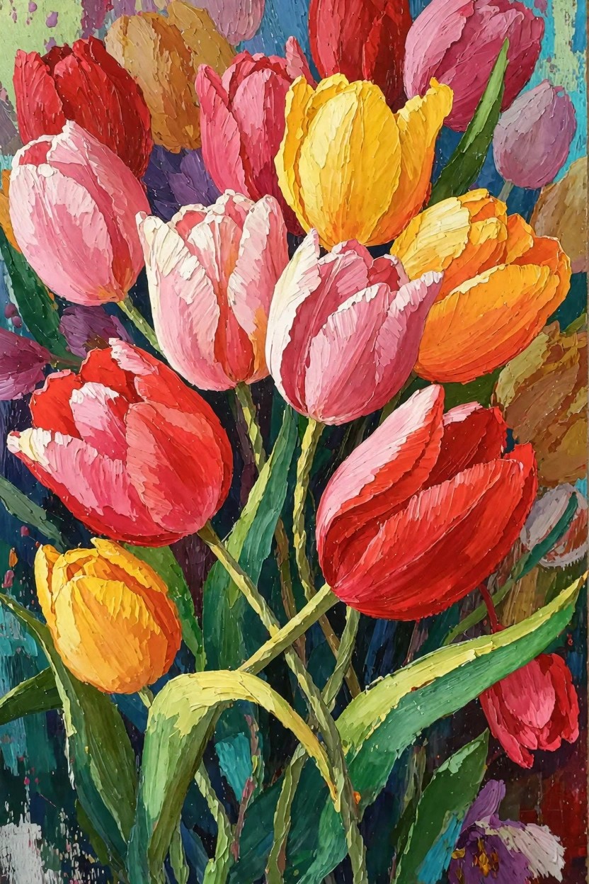 Oil painting of overlapping tulips in red, pink, yellow, orange, and purple with thick textured brushstrokes and green stems on a mottled background.