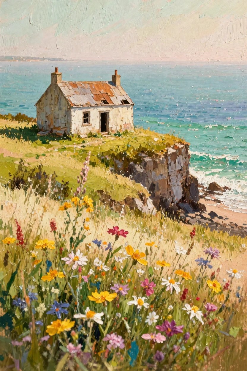 Oil painting of a rundown white stone cottage with rusty roof on a grassy cliff overgrown with colorful wildflowers, overlooking turquoise waves crashing on rocks below.