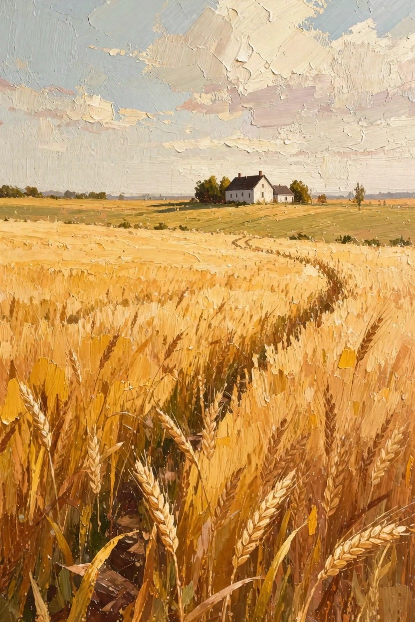 Oil painting of golden wheat field in foreground with winding dirt path leading to white farmhouse under cloudy sky.