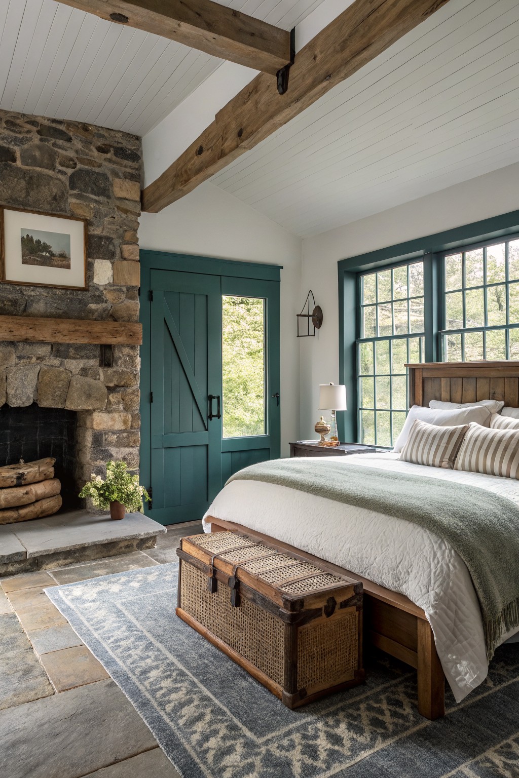 Cozy master bedroom featuring deep teal painted doors and window frames against white walls, with a wooden bed, stone fireplace, and soft green throw.