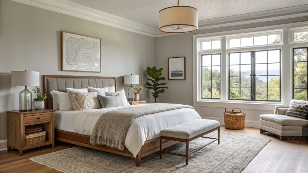 Master bedroom featuring soft greige board-and-batten walls, neutral upholstered bed, wood nightstands, potted plants, and a woven pendant light over a beige rug