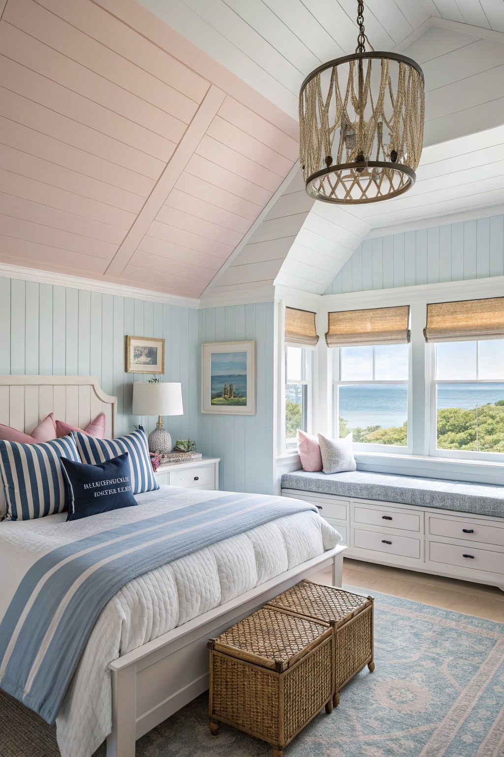 Cozy master bedroom with pale blue shiplap walls, pink ceiling, white trim, and window seat overlooking the sea