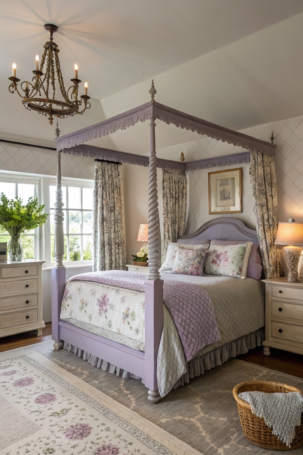 Cozy master bedroom with pale lavender four-poster canopy bed, white walls, floral bedding, and soft lighting from chandelier and lamps