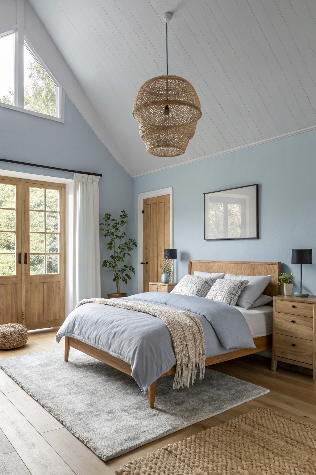 Master bedroom with pale blue walls, wooden bed frame draped in blue linens, rattan pendant light, and oak nightstands beside French doors