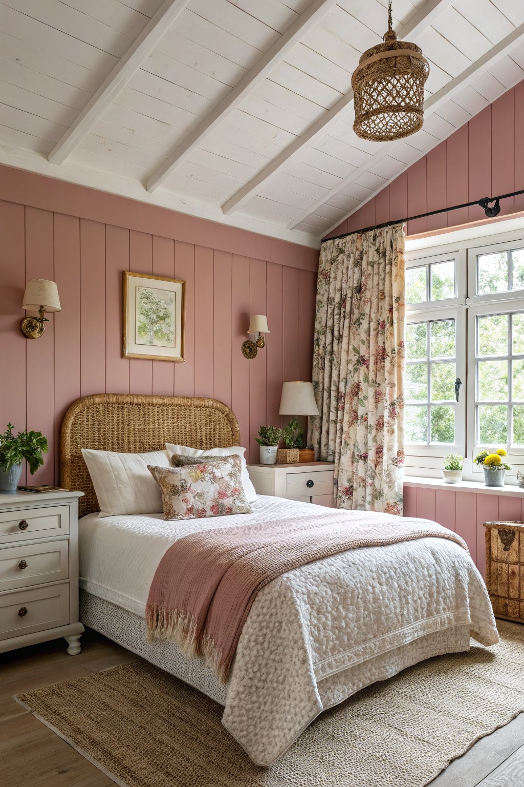 Cozy master bedroom with soft blush pink paneled walls, rattan headboard, white bedding with pink throw, floral curtains, potted plants, and woven pendant light
