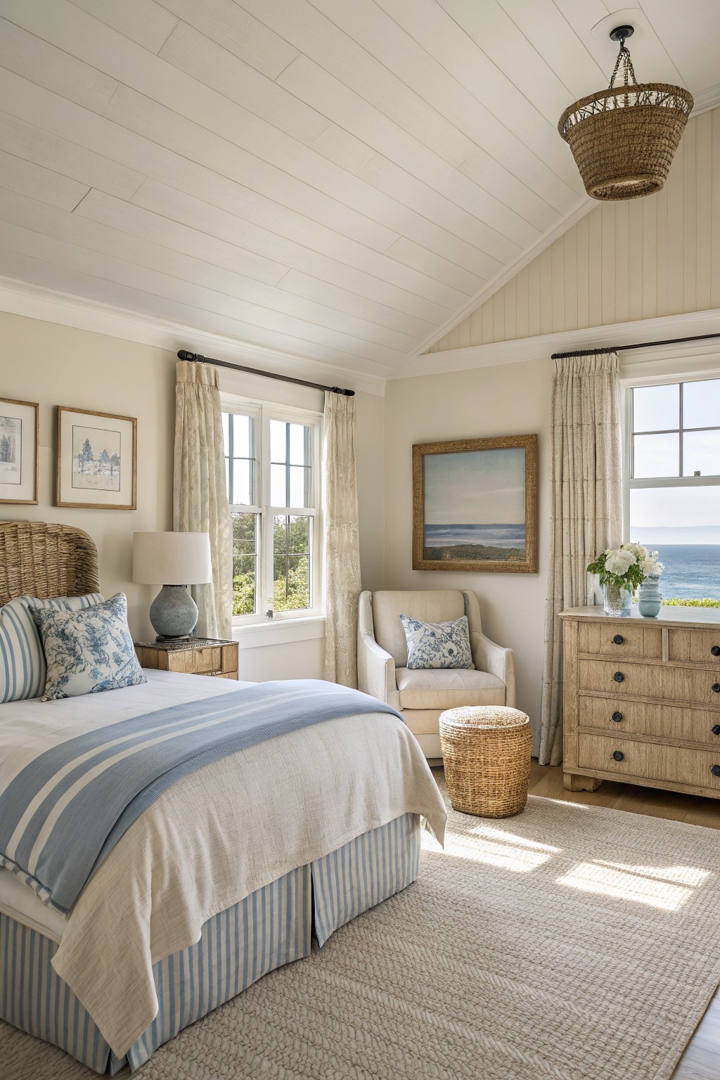 Master bedroom with soft creamy walls, wicker bed frame, blue striped bedding, wood dresser, armchair, and ocean view through large windows
