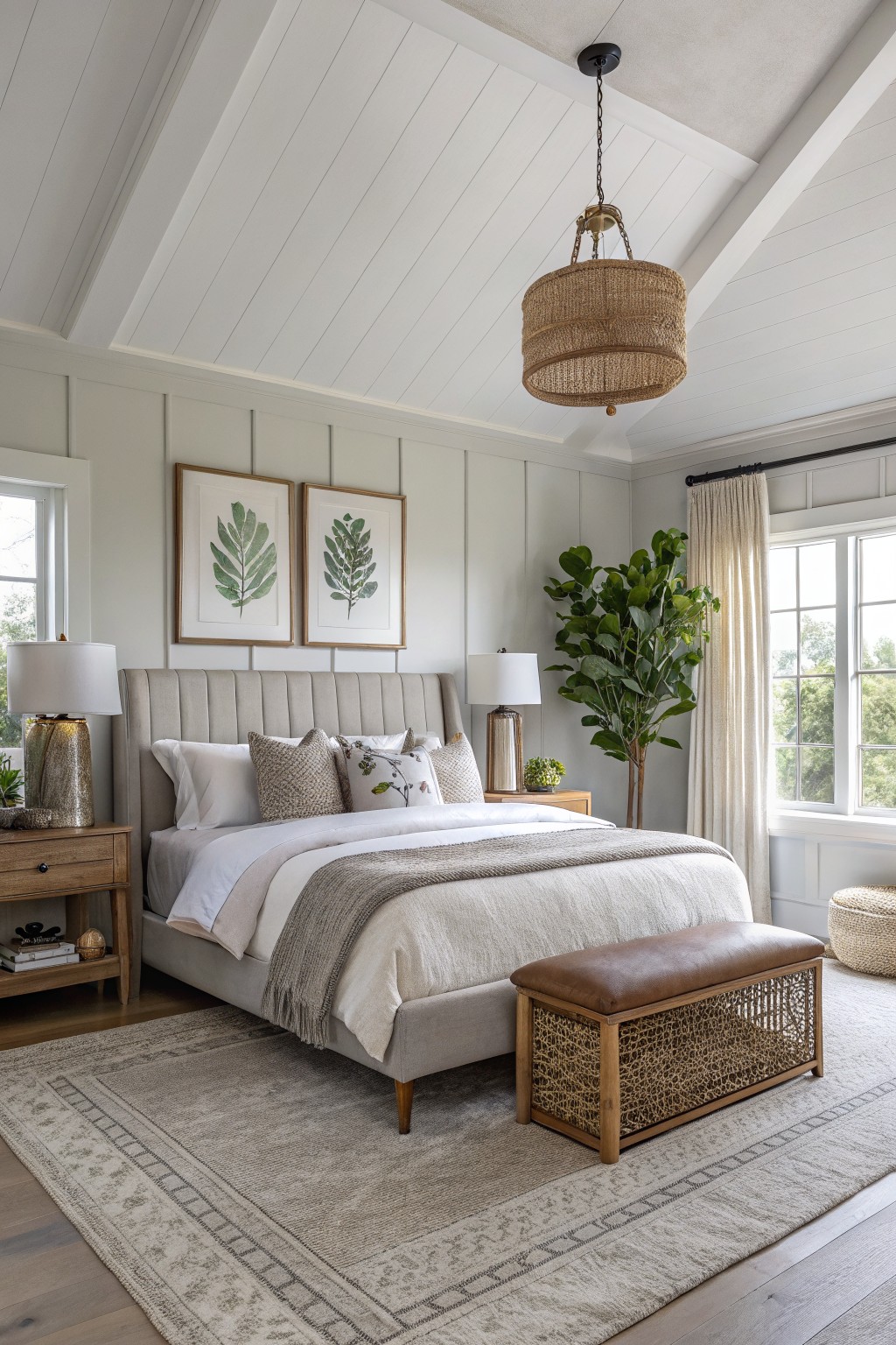 Master bedroom featuring soft greige board-and-batten walls, neutral upholstered bed, wood nightstands, potted plants, and a woven pendant light over a beige rug