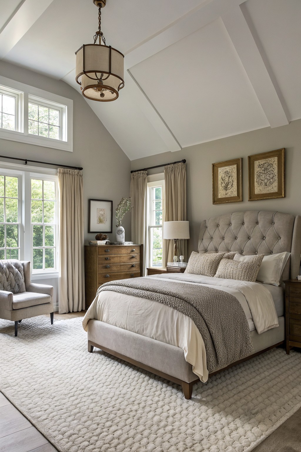 Master bedroom with soft greige walls, tufted beige bed, wood dresser, large windows with cream curtains, and neutral rug on hardwood floors