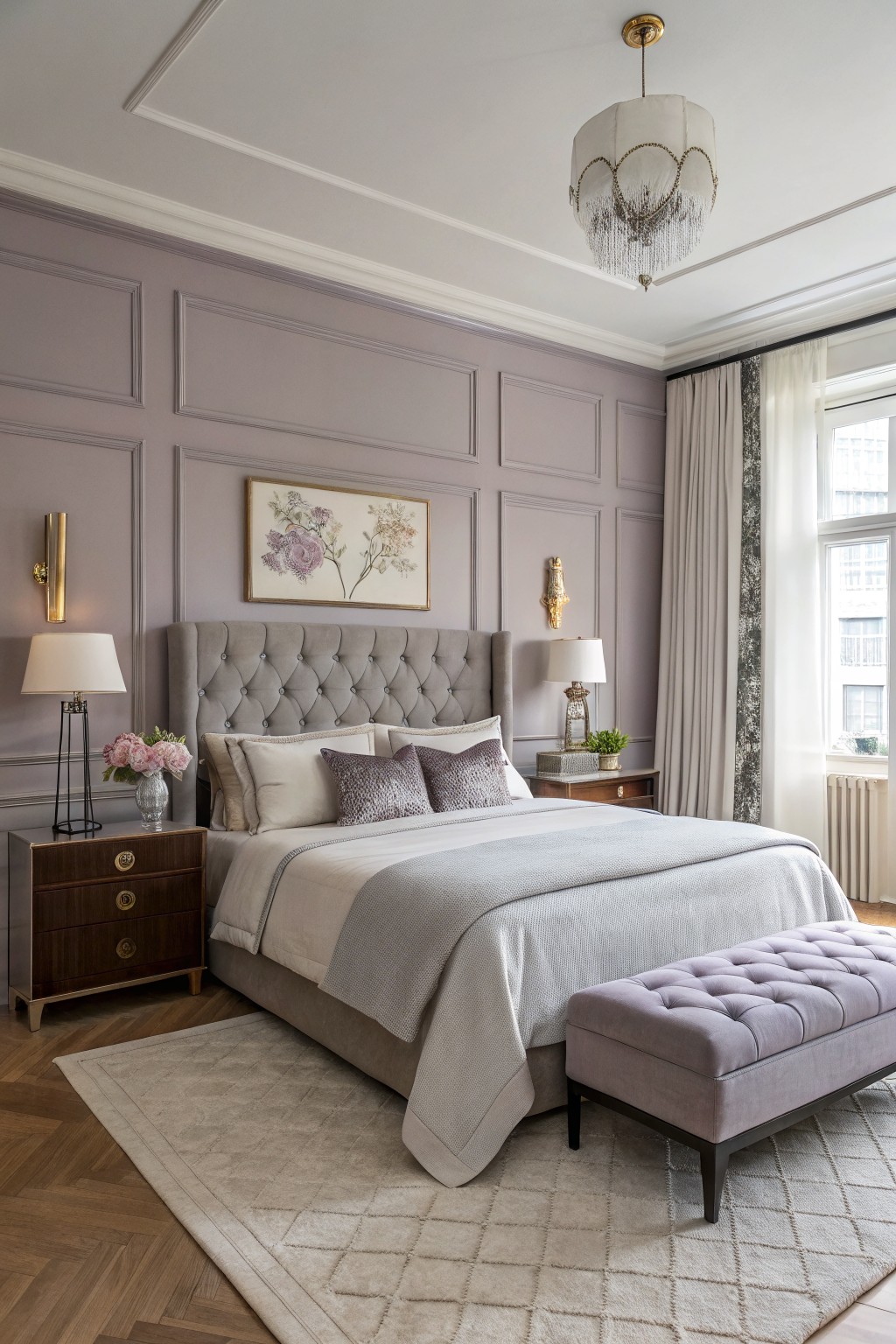 Master bedroom with soft mauve paneled walls, gray tufted upholstered bed, dark wood nightstand with lamp and flowers, purple bench at foot, cream rug on wood floors