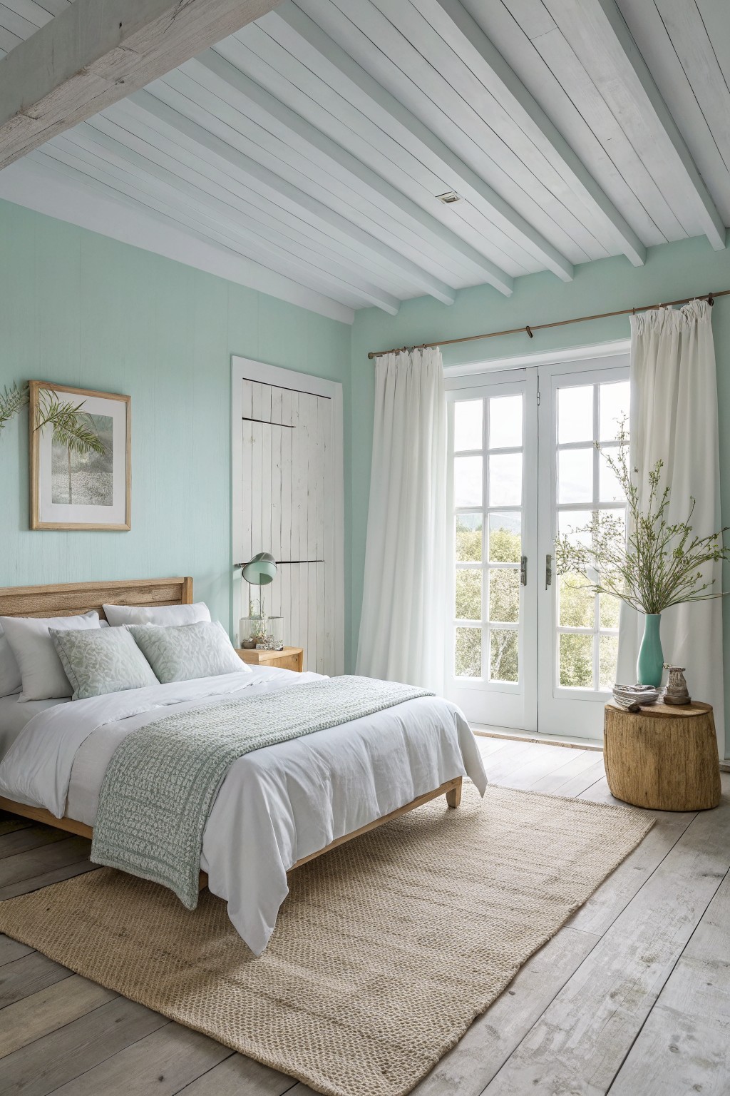 Master bedroom with pale mint green walls, wooden bed frame, white linens, and French doors opening to a wooded view