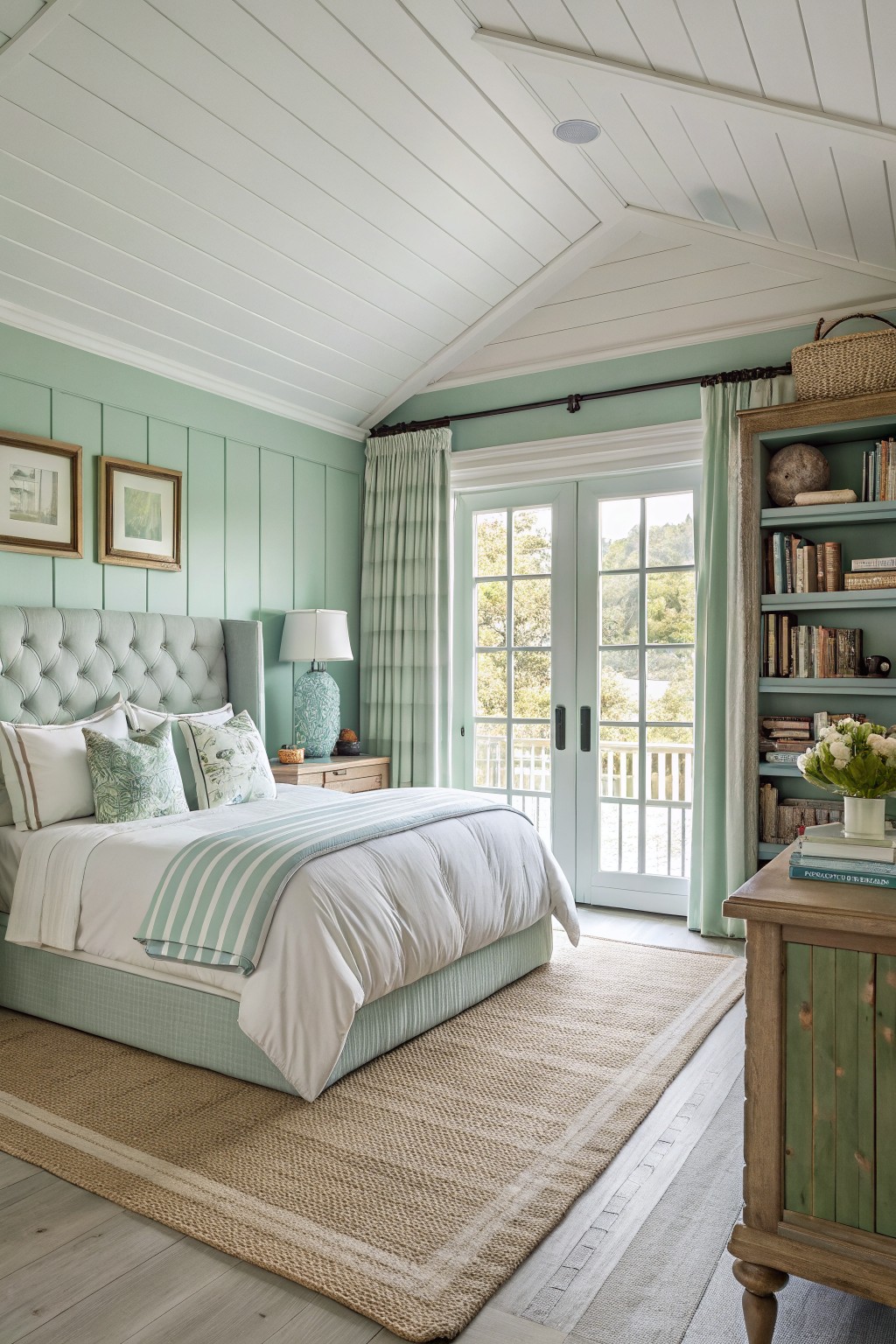 Cozy master bedroom featuring soft mint green board-and-batten walls, white shiplap ceiling, king bed with white linens and green pillows, seagrass rug, and French doors opening to a wooded view