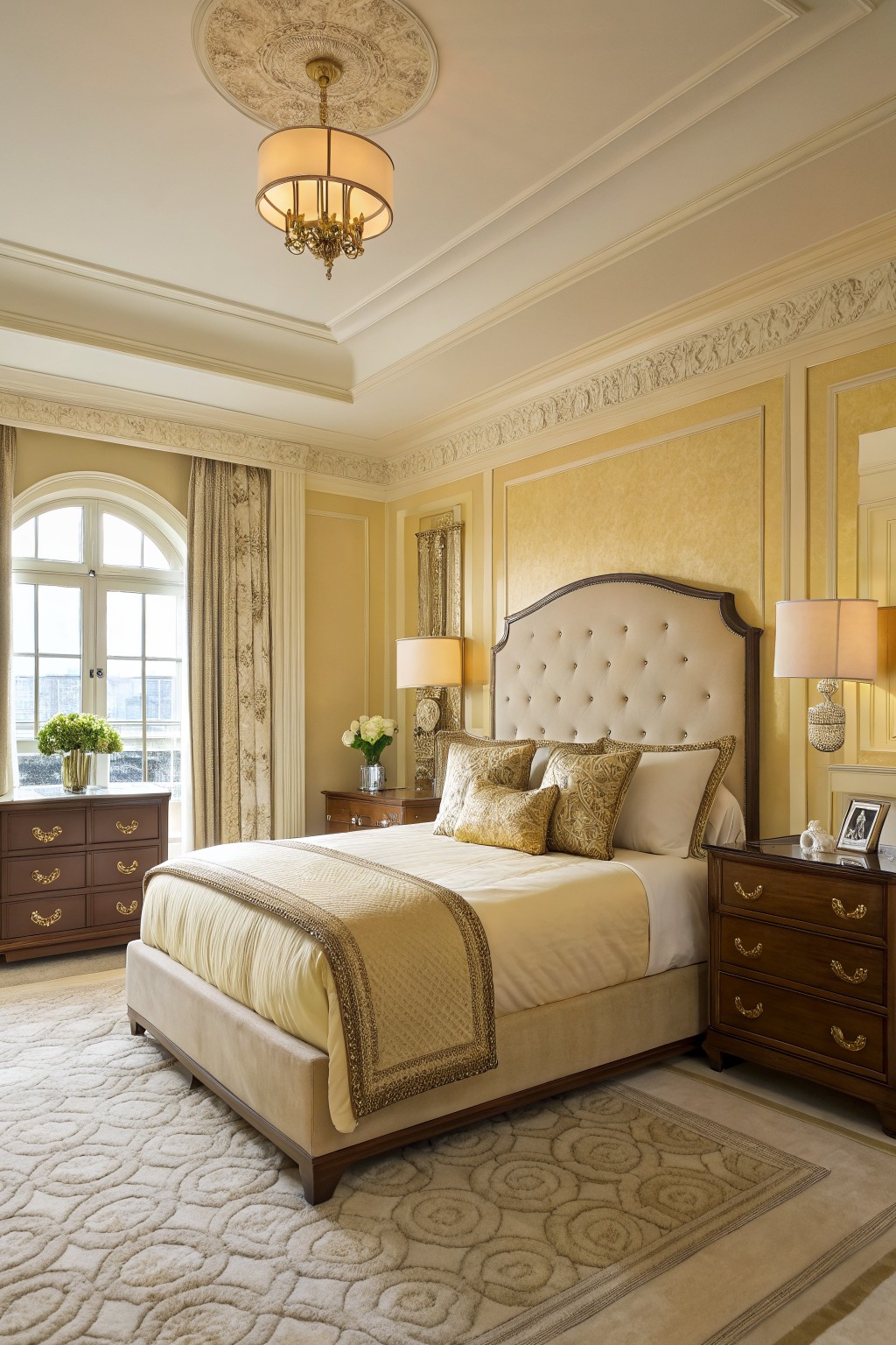 Elegant master bedroom with soft pale yellow walls, ornate gold moldings, tufted cream bed, dark wood furniture, and layered pillows