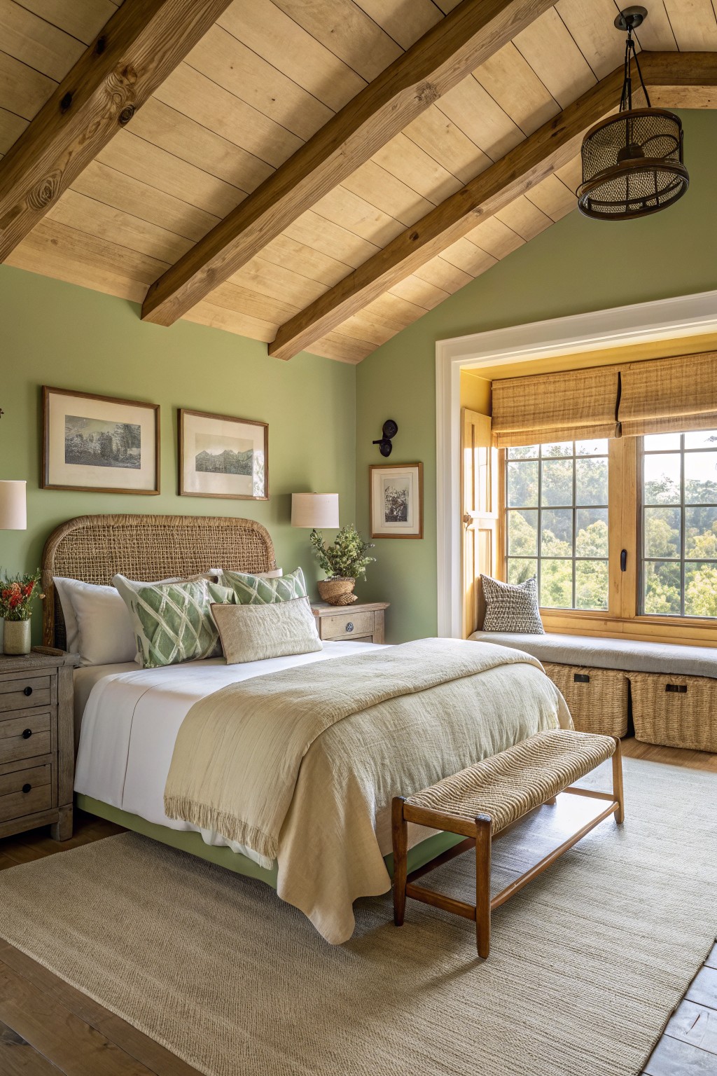 Cozy master bedroom featuring pale sage green walls, rattan headboard, white bedding, and wooden accents for a relaxing vibe