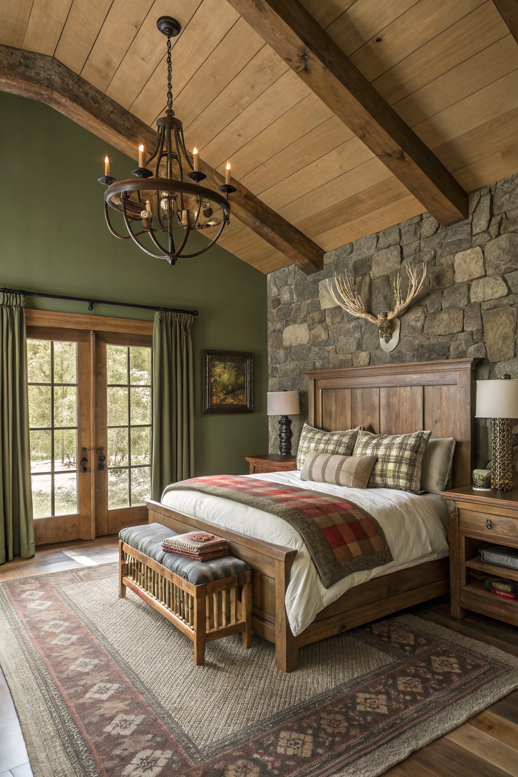 Master bedroom with soft sage green walls, vaulted wooden ceiling, stone accent wall with antlers, king bed with plaid bedding, and French doors to wooded view