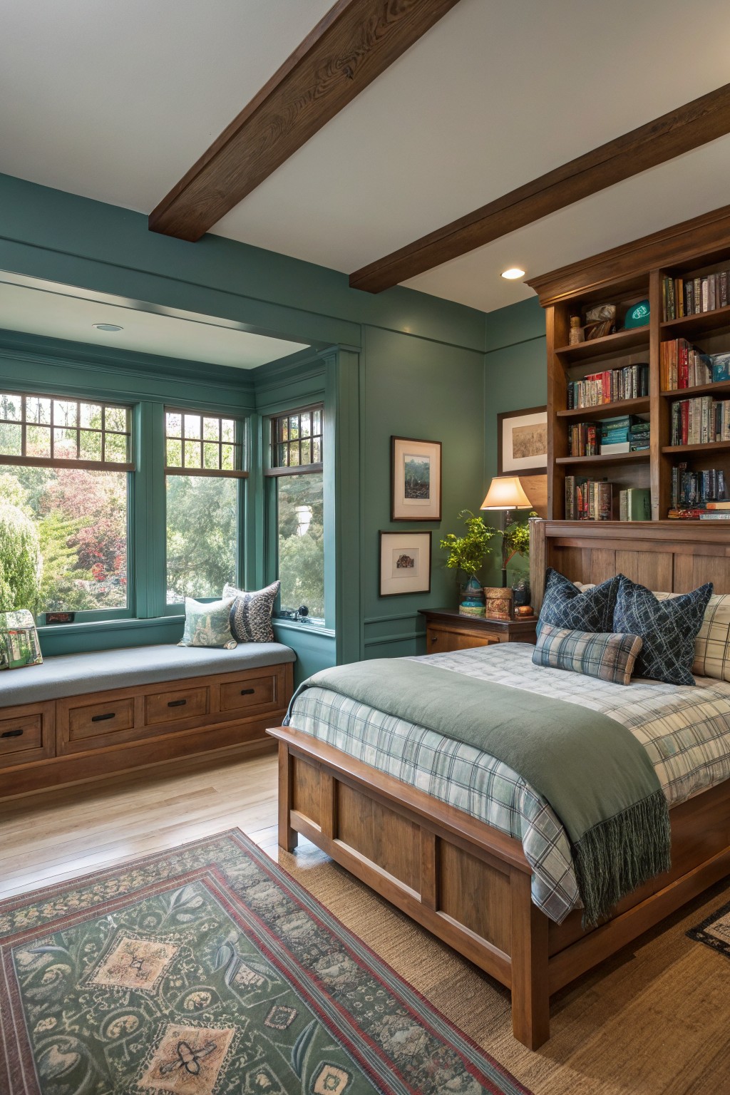 Cozy master bedroom featuring soft teal walls paired with wooden built-ins, a plush bed, and large windows