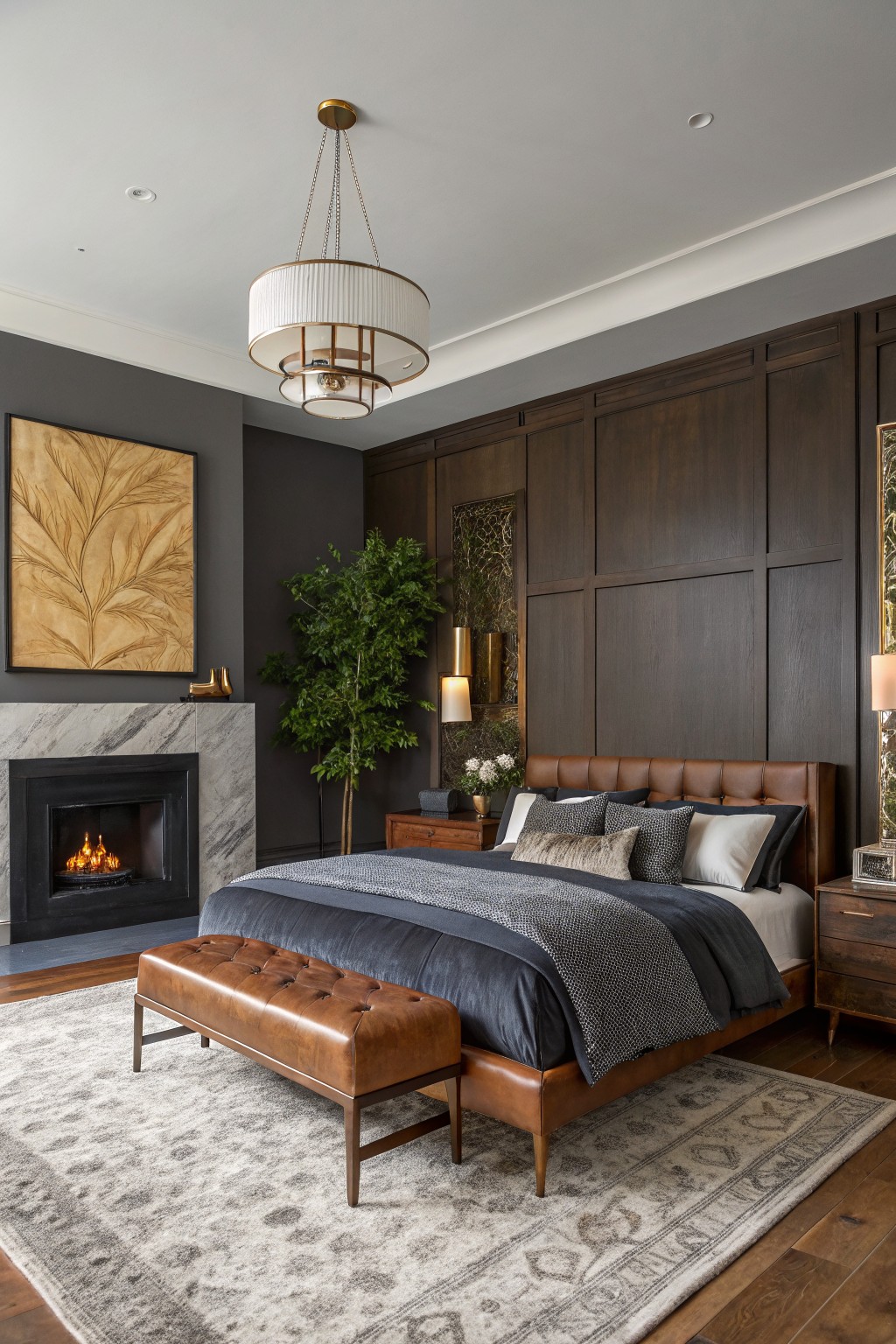 Master bedroom featuring warm gray walls accented by dark wood paneling, a leather bed, marble fireplace, and layered textiles for a cozy retreat