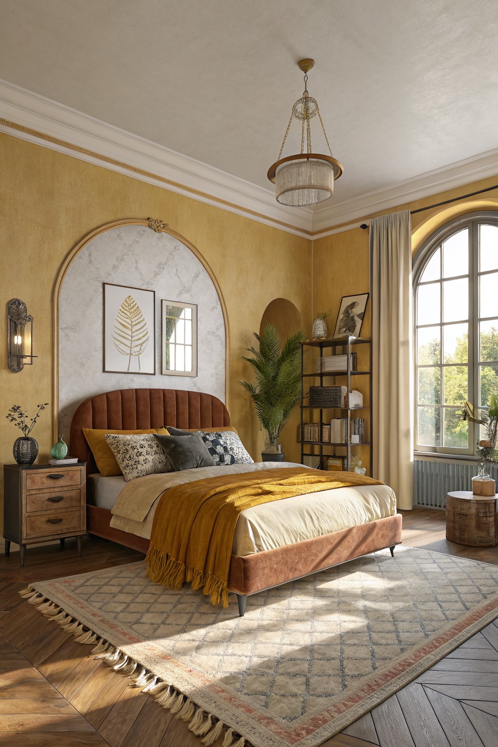 Cozy master bedroom featuring warm ochre yellow textured walls, rust tufted bed with yellow bedding, wooden nightstand, potted plants, bookshelf, and large arched window with sheer curtains overlooking greenery