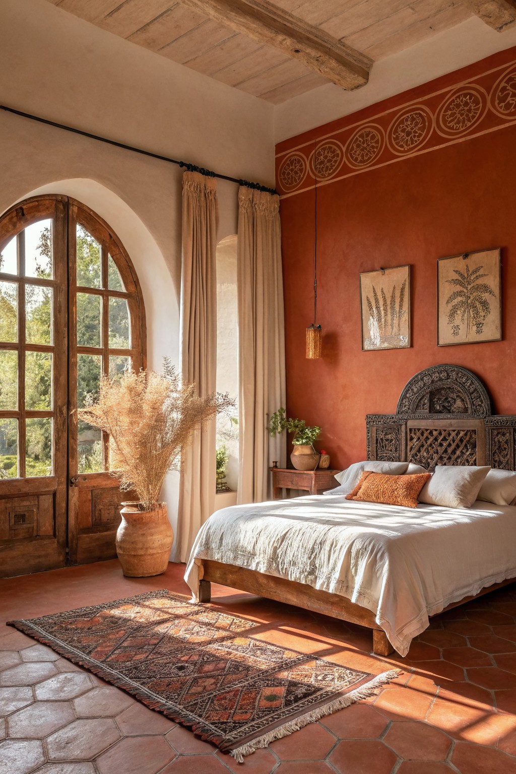 Cozy master bedroom featuring warm terracotta walls, carved wooden headboard, pampas grass in a terracotta pot, and terracotta tile floors with an arched window