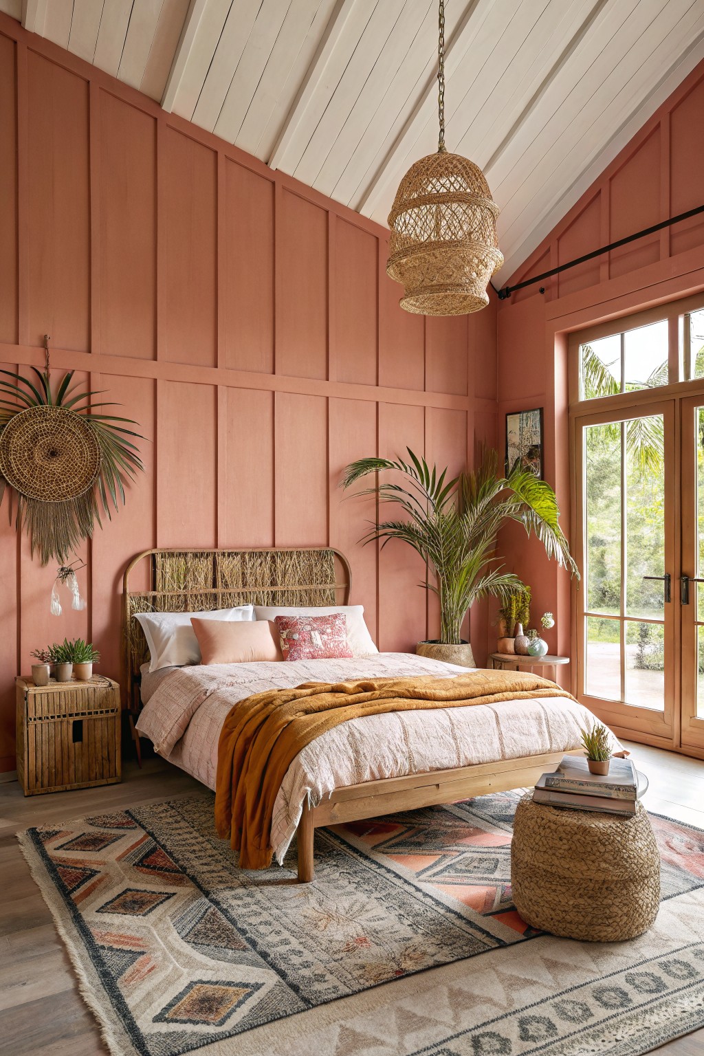 Cozy master bedroom featuring warm terracotta shiplap walls, rattan bed frame, woven accents, potted plants, and French doors opening to greenery