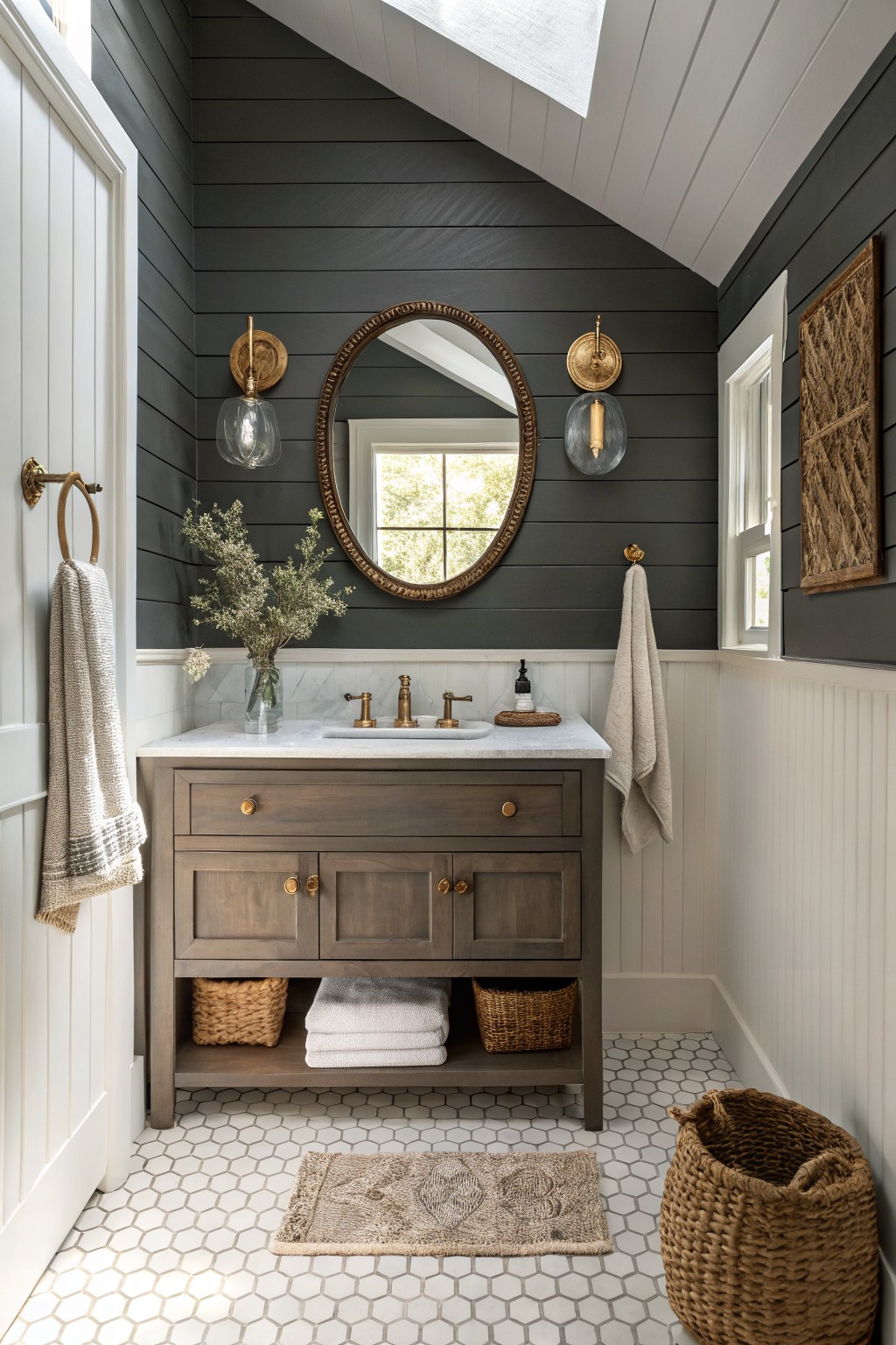 Cozy attic-style bathroom with dark gray shiplap walls, white shiplap ceiling, marble vanity, round mirror, and woven accents on hexagonal white tile floor
