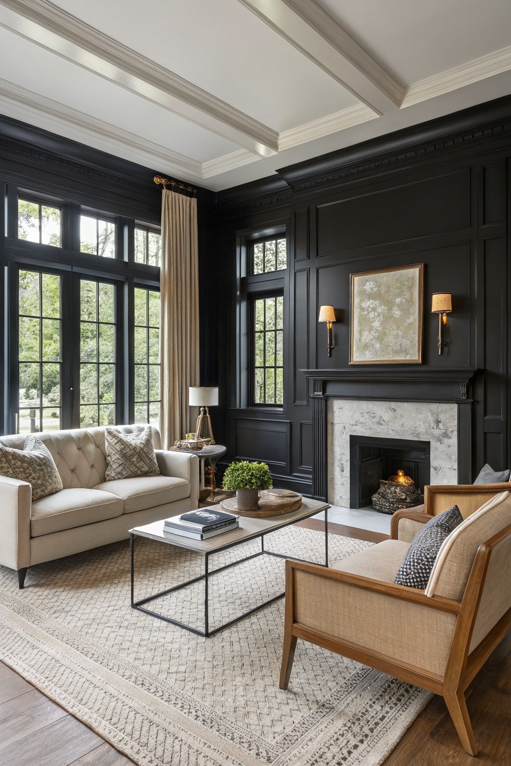 Study room with deep black paneled walls, cream sofas, wood chairs, marble fireplace, and large windows overlooking trees