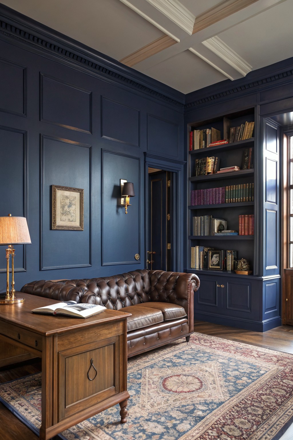 Deep navy paneled walls in a traditional study with leather Chesterfield sofa, wood desk, bookshelves, and oriental rug