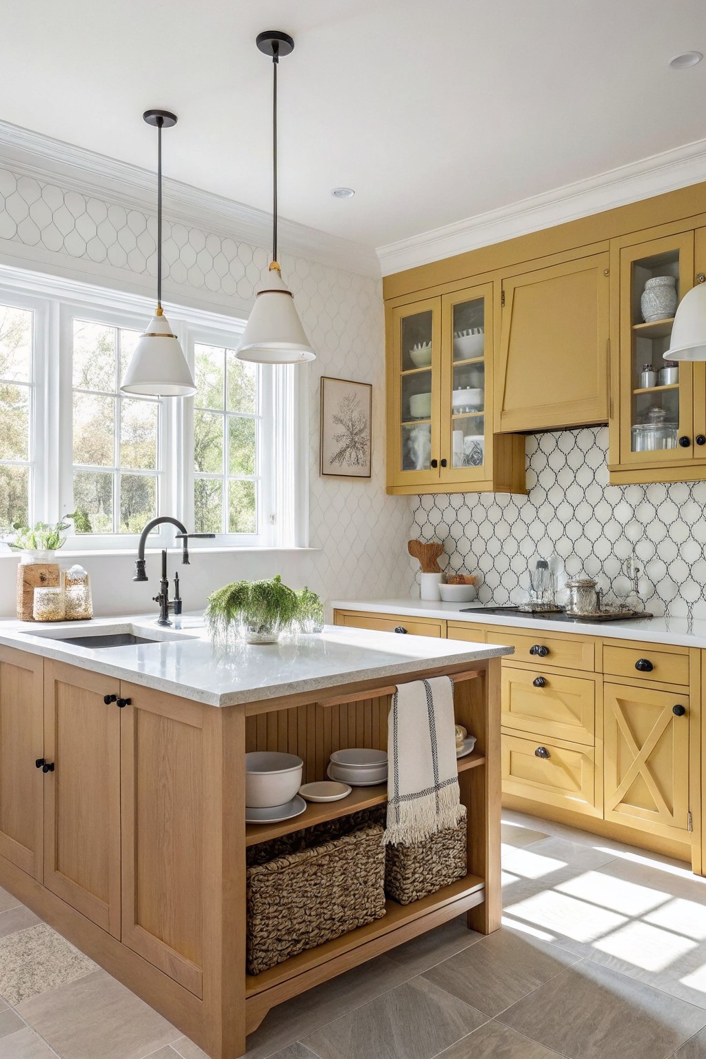 Bright kitchen with mustard yellow cabinets, oak island, white quartz counters, and white herringbone tile backsplash