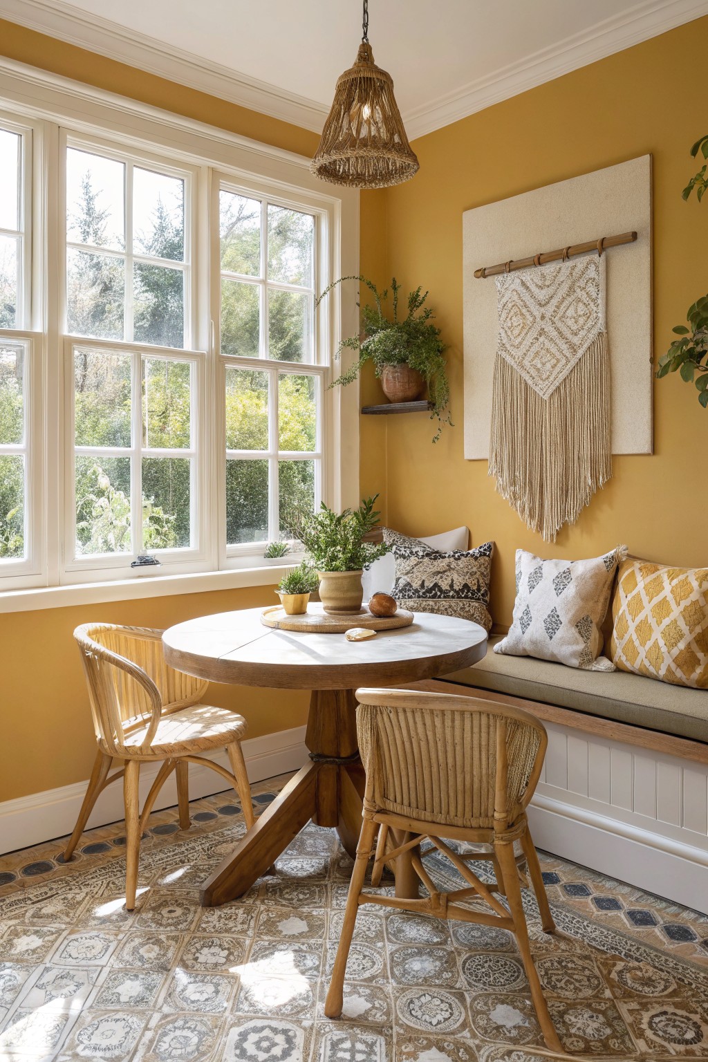 Cozy dining nook featuring warm mustard yellow walls, round white table, rattan chairs, built-in bench with assorted pillows, hanging plants, and woven wall art near large sunny windows