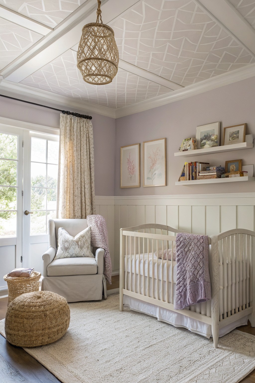 Cozy nursery interior with pale lavender walls, white wainscoting and crib, rattan pendant light, armchair, and floating shelves against a soft patterned ceiling