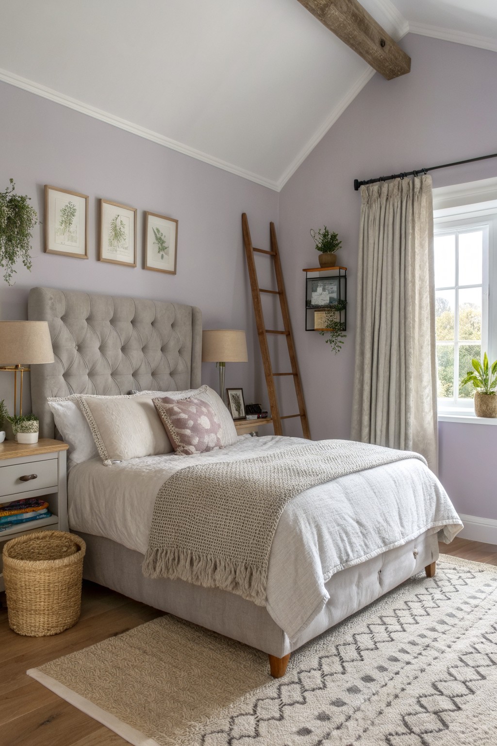 Bedroom with pale lavender walls, gray tufted headboard, wooden ladder shelf holding plants, neutral bedding, and layered rugs on wood floors