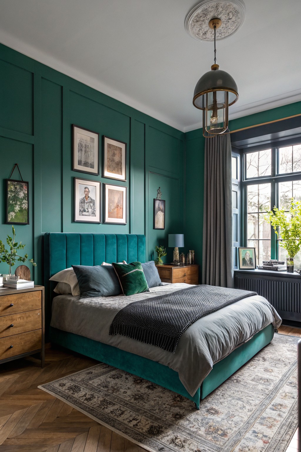 Bedroom featuring rich deep green paneled walls, matching velvet upholstered headboard, wooden nightstands, layered bedding, and patterned rug on herringbone floors
