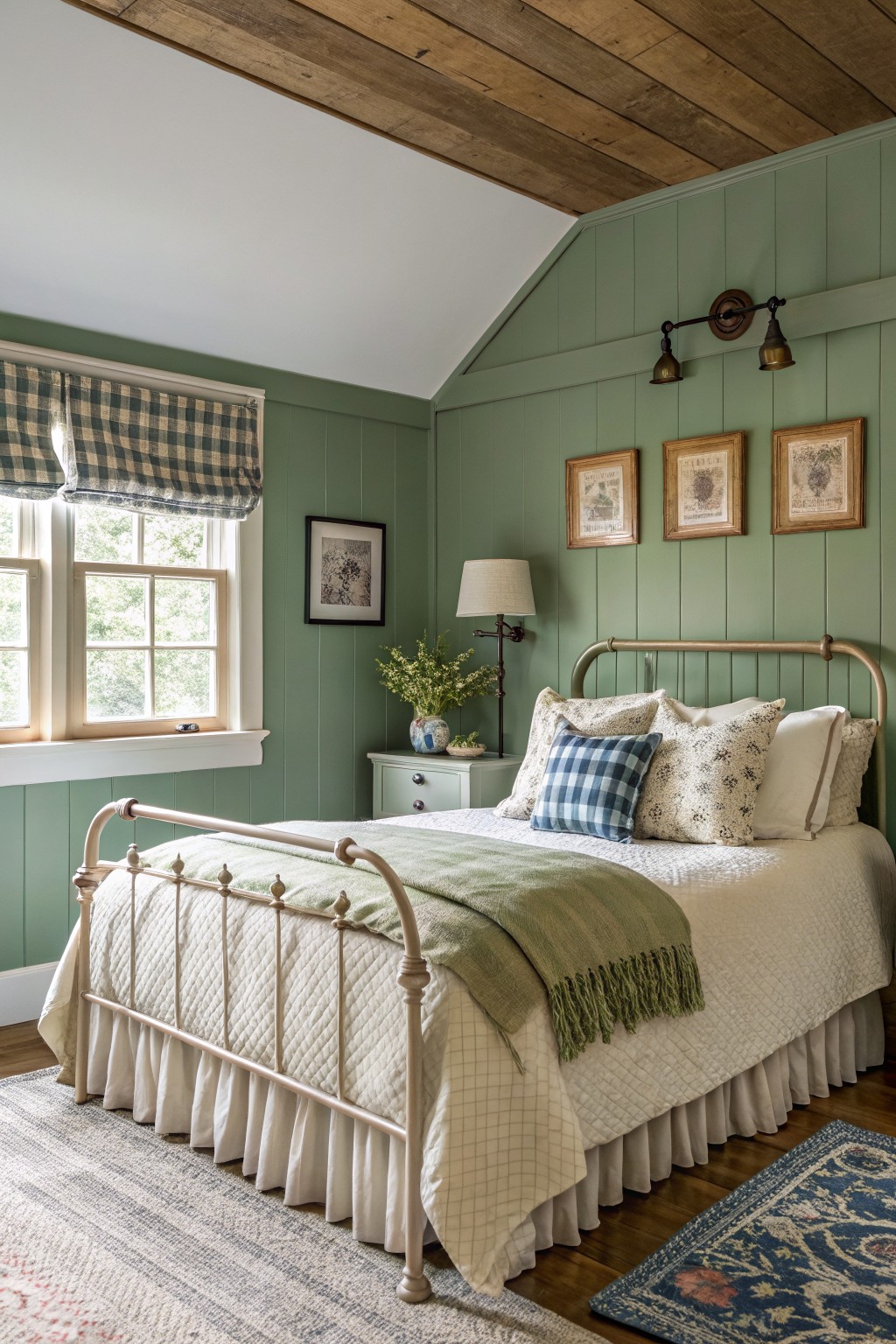 Cozy attic bedroom with sage green paneled walls, brass bed frame draped in green throw, wood beam ceiling, and eclectic pillows