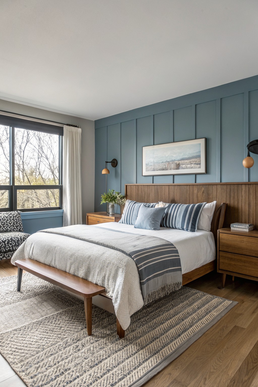 Cozy bedroom featuring soft blue-gray board-and-batten wall behind wooden bed frame, with warm wood accents, striped bedding, and large window
