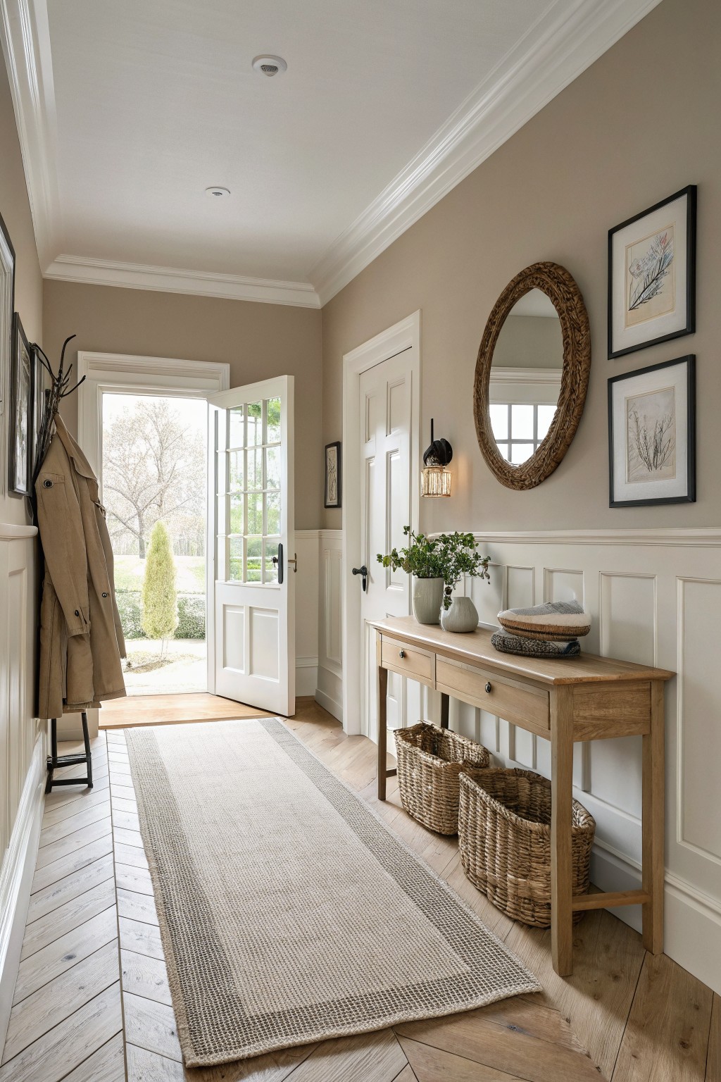 Cozy entry hallway with soft greige walls, white wainscoting and trim, oak console table, rattan baskets, and an open door to the garden