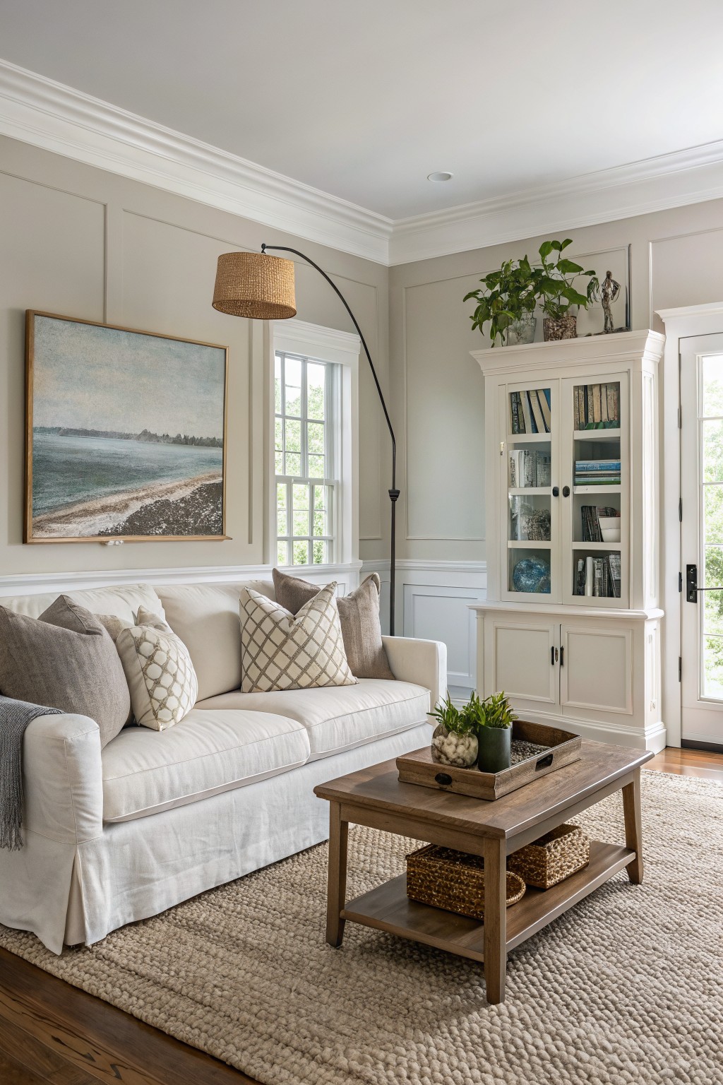 Light greige walls in a cozy living room with white sofa, wooden furniture, bookshelves, and large windows
