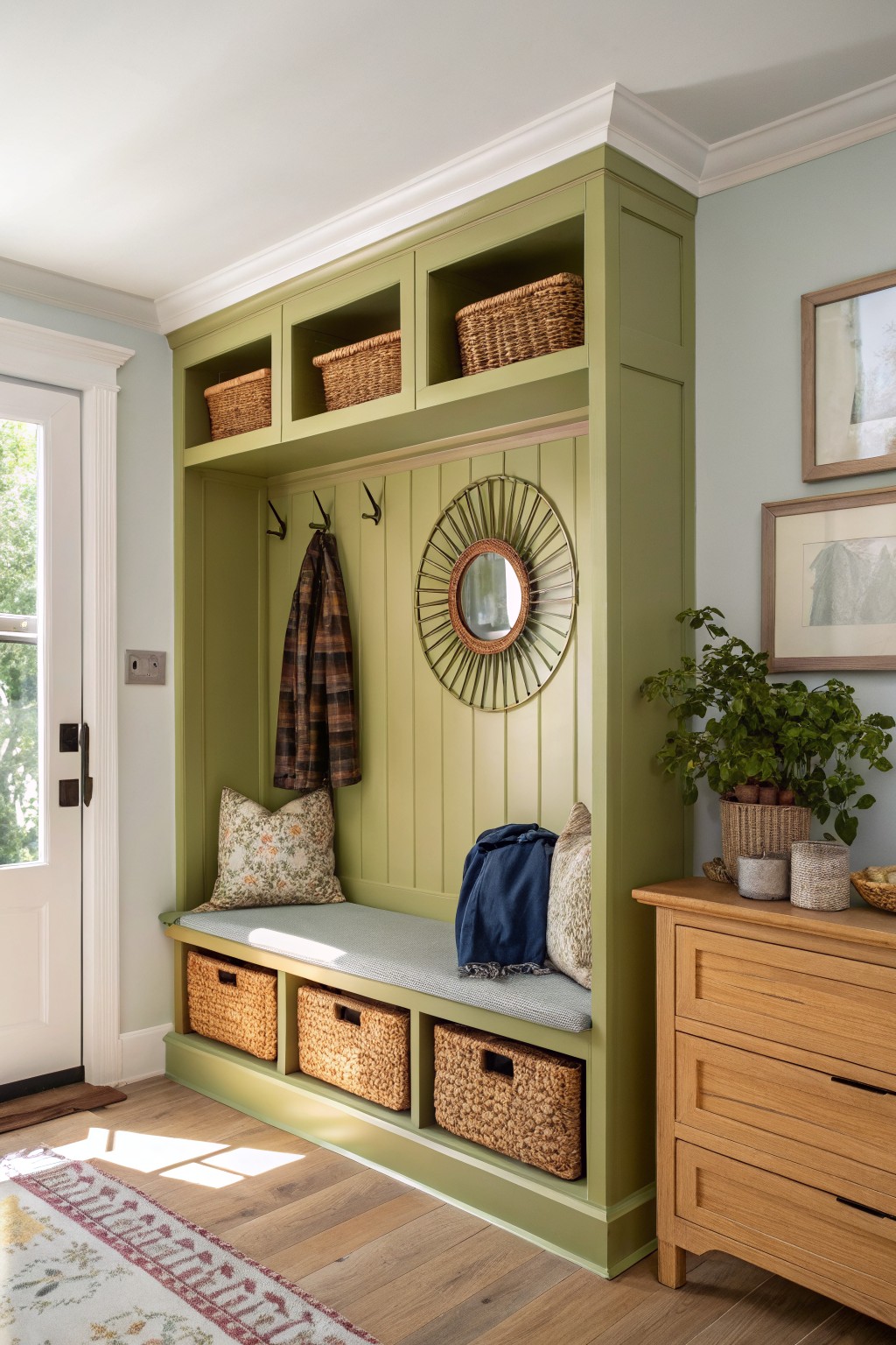 Mudroom built-ins in soft sage green with wicker baskets, coat hooks, cushioned bench, and adjacent wood dresser
