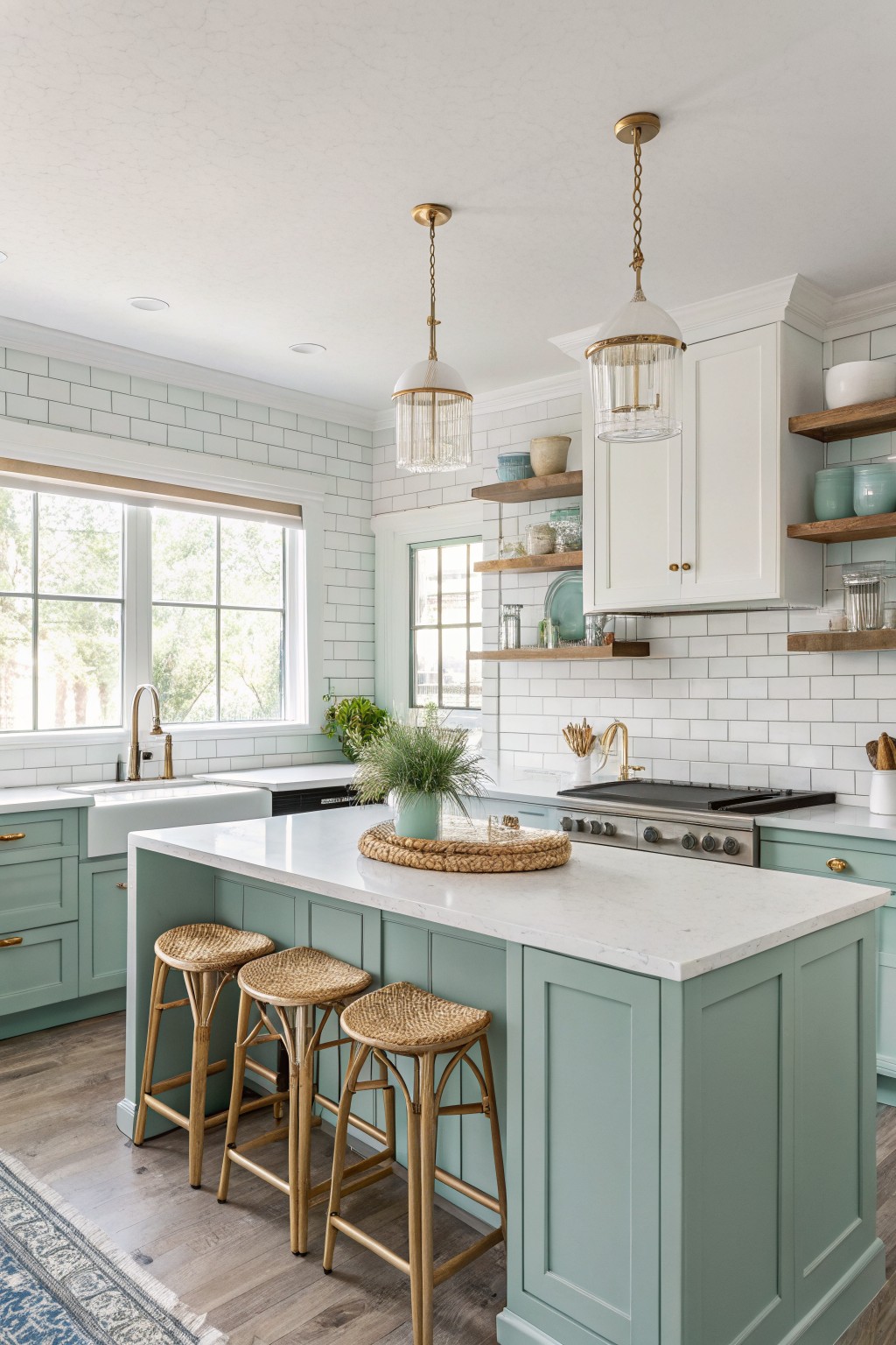 Kitchen with soft teal painted cabinets, white subway tile backsplash, wood floating shelves, and rattan barstools at a white quartz island