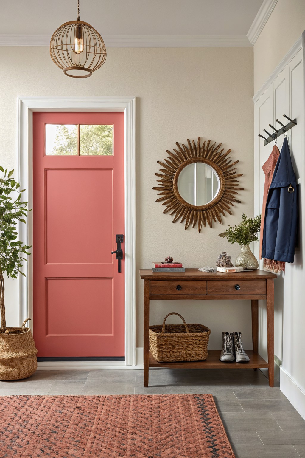 Cozy entryway featuring a vibrant coral pink front door, wood console table with books and basket, rattan plant holder, sunburst mirror, and beige walls