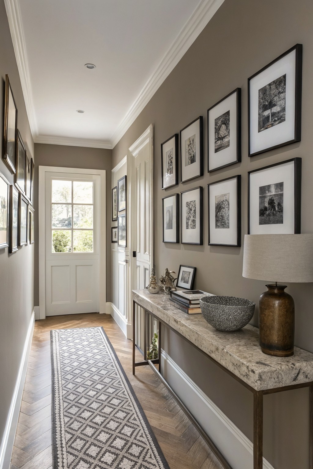 Narrow hallway with warm greige walls, white trim doors, herringbone runner on wood floors, and black-framed art gallery wall beside a marble-top console table