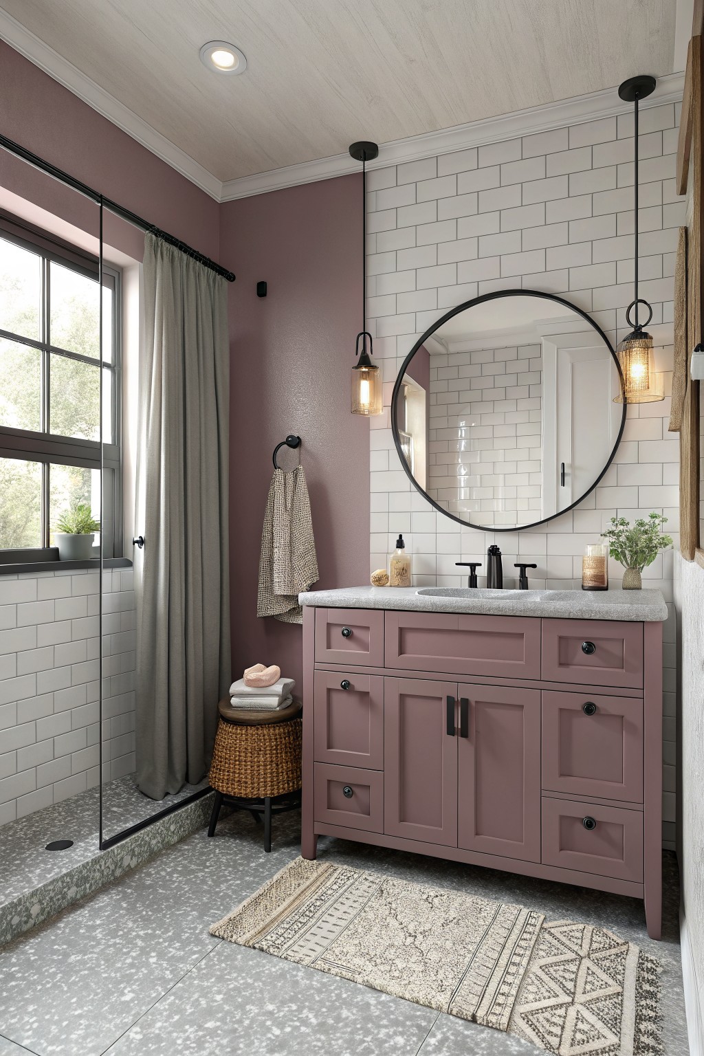 Cozy modern bathroom with warm mauve walls and matching double vanity, white subway tile backsplash, large round black mirror, pendant lights, glass shower, and neutral accents